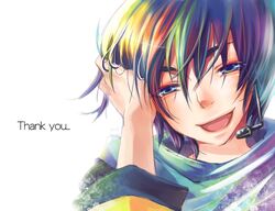  1boy blue_eyes blue_hair blue_scarf commentary_request half-closed_eyes hand_in_own_hair hand_up headset kaito_(vocaloid) looking_at_viewer male_focus microphone portrait scarf short_hair smile solo thank_you tokino_hitonatsu vocaloid white_background 