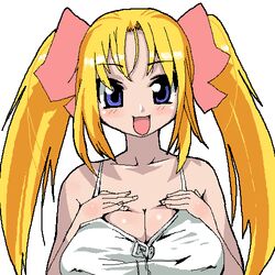  :d black_outline blonde_hair blue_eyes bow breast_suppress breasts camisole chiisan cleavage collarbone female hairbow hands_up huge_breasts jaggy_lines large_breasts long_hair looking_at_viewer lowres oekaki open_mouth original outline pink_bow shenrin-chan sidelocks simple_background smile solo spaghetti_strap straight-on tsurime twintails upper_body white_background white_camisole 