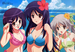  3girls absurdres antenna_hair bikini blue_hair breasts cleavage day flat_chest flower glasses grey_hair hair_ornament hairclip hibiscus highres hiratsuka_tomoya large_breasts long_hair mochida_hinako multiple_girls myself_yourself ocean open_mouth orange_eyes oribe_aoi photoshop_(medium) purple_hair red_eyes scan short_hair swimsuit twintails v water yatsushiro_nanaka yellow_eyes 