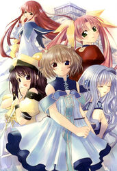  5girls angelic_serenade angelic_serenade_art_collection artbook arte_sema bow closed_eyes fia_note hair_ornament hairbow hat heterochromia highres lace lasty_farson multiple_girls naruse_chisato polearm rabbit_hair_ornament saaria_wynes stephanie_ranclay tenbatsu_angel_rabbie twintails weapon 