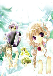  2boys 3girls accordion animal_ears ayanokoji_takashi blonde_hair cat_ears closed_eyes dress earrings flower green_eyes hair_ornament highres higuchi_kotarou instrument ivy jewelry koge_donbo leaf light_smile looking_at_viewer misha_(pita_ten) multiple_boys multiple_girls music official_art pita_ten playing_instrument ponytail purple_eyes purple_hair rabbit_hair_ornament scan shia_(pita_ten) uematsu_koboshi white_dress wreath 