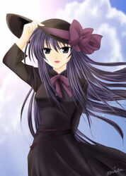  :d arm_up belt blue_eyes blue_hair bow bowtie cloud day dress ever_17 female goth_fashion hat komachi_tsugumi lace long_hair min open_mouth outdoors signature sky smile solo standing sun_hat very_long_hair wind 