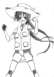  female greyscale hat ichijou_eika monochrome motion_slit photoshop_(medium) satou_atsuki sky_girls solo thighhighs vest 