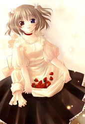  angelic_serenade angelic_serenade_art_collection apron female food frills fruit hair_ornament heterochromia highres lace lasty_farson naruse_chisato rabbit_hair_ornament solo strawberry tenbatsu_angel_rabbie 