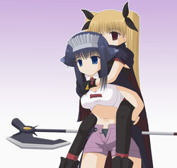  2girls animal_ears arf arf_(cosplay) bardiche_(device_form)_(nanoha) bardiche_(nanoha) black_hair blonde_hair blue_eyes bow carrying cosplay fate_testarossa fate_testarossa_(cosplay) fate_testarossa_(original_form) hair_ribbon hairbow long_hair look-alike lyrical_nanoha mahoraba mahou_shoujo_lyrical_nanoha minazuki_mahiru multiple_girls parody piggyback red_eyes ribbon tachibana_(mahoraba) thighhighs twintails 