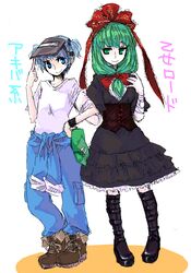  2girls alternate_costume bandages blue_eyes blue_hair boots casual contemporary front_ponytail gothic_lolita green_eyes green_hair hat jaggy_lines jumpsuit kagiyama_hina kawashiro_nitori lolita_fashion mechanic multiple_girls oekaki ribbon tadano_kagekichi touhou translated welding_mask work_boots 