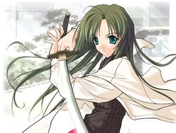  female happy_lesson holding holding_weapon long_hair sanzen&#039;in_yayoi sasaki_mutsumi solo sword weapon 