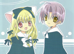  1boy :d animal_ears black_bow black_dress blonde_hair blue_background bow cat_ears dress female hairbow higuchi_kotarou koge_donbo long_sleeves looking_at_viewer multi-tied_hair open_mouth pita_ten purple_hair red_hair sailor_collar short_hair simple_background smile uematsu_koboshi upper_body 