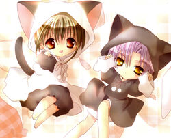  1boy animal_costume animal_ears barefoot brown_hair cat_costume cat_ears cat_tail female higuchi_kotarou koge_donbo looking_at_viewer orange_eyes pajamas pita_ten purple_hair red_eyes scan shia_(pita_ten) tail 