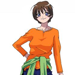  blue_eyes brown_hair chiisan clothes_around_waist copyright_request female jaggy_lines lowres oekaki orange_shirt shirt short_hair solo sweater sweater_around_waist 