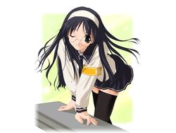  female glasses happy_lesson long_hair nanakorobi_fumitsuki one_eye_closed sasaki_mutsumi school_uniform solo thighhighs zettai_ryouiki 