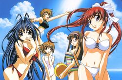  5girls ;d antenna_hair ball bare_shoulders beach beachball bikini blue_hair blue_sky bow breasts cleavage cloud collarbone day glasses gotou_keiji hairband hairbow highres holding kiribayashi_azumi large_breasts long_hair looking_at_viewer microphone midriff mitsurugi_ryouko multiple_girls nakamura_tamaki navel official_art one-piece_swimsuit one_eye_closed onizuka_miyuki open_mouth outdoors outstretched_arm ponytail purple_eyes real_bout_high_school red_bikini red_hair side-tie_bikini_bottom sky smile striped_clothes striped_one-piece_swimsuit swimsuit tankini very_long_hair white_bikini white_one-piece_swimsuit yuuki_hitomi 