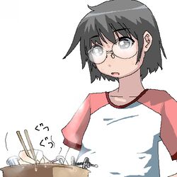  chiisan chopsticks female flat_chest fogged_glasses glasses grey_eyes grey_hair jaggy_lines lowres oekaki oerba_yun_fang original raglan_sleeves short_hair short_sleeves simple_background solo sweat white_background 