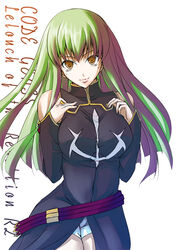  breasts breasts_squeezed_together c.c. code_geass detached_sleeves elbow_gloves female gloves green_hair ihara_natsume large_breasts long_hair short_shorts shorts solo yellow_eyes 