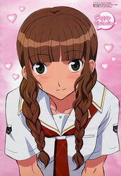  absurdres blunt_bangs blush braid brown_hair close-up female green_eyes hair_over_shoulder happy_valentine heart highres kawada_tsuyoshi kibina_high_school_uniform kimi_kiss kimi_kiss_pure_rouge long_hair magazine_scan megami_magazine mizusawa_mao necktie non-web_source official_art scan school_uniform serafuku smile solo twin_braids twintails valentine 