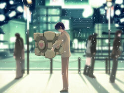  3d 3girls 4boys aperture_science_weighted_companion_cube black_hair blurry blurry_background boots briefcase building city coat couple depth_of_field faceless faceless_male from_side hand_in_pocket heart height_difference hug kida_tokinori knee_boots lamppost lights loafers long_hair miniskirt multiple_boys multiple_girls nakamura_takeshi outdoors pants parody photoshop_(medium) pleated_skirt portal_(series) portal_1 railing road shadow shoes short_hair skirt snow solo_focus standing straight street tenshi_no_inai_12-gatsu third-party_edit 