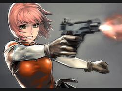  bodysuit casing_ejection clenched_teeth female firing gloves gun handgun holding holding_gun holding_weapon iwai_ryou m1911 mezzo_danger_service_agency mezzo_forte motion_blur muzzle_flash photoshop_(medium) pink_hair recoil red_bodysuit shell_casing shirt short_hair solo suzuki_mikura sweat taut_clothes taut_shirt teeth weapon yellow_eyes 