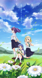  3girls asou_natsumi bad_link blonde_hair blue_hair brown_footwear brown_hair cloud day field flower grass green_necktie holding holding_pencil kajiwara_sora kneehighs kneeling loafers long_hair multiple_girls nature necktie open_mouth oryo_(oryo04) outdoors pencil photoshop_(medium) shirt shoes short_hair short_sleeves sitting sketchbook_full_colors skirt sky socks standing torikai_hazuki twintails white_legwear white_shirt wind 