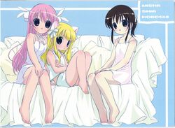  3girls animal_ears bare_legs barefoot black_hair blonde_hair blue_eyes blush brown_hair camisole cat_ears collarbone dress hair_ornament knees_up long_hair looking_at_viewer misha_(pita_ten) multiple_girls official_art pink_hair pita_ten ponytail rabbit_hair_ornament sakai_kyuuta shia_(pita_ten) sidelocks sitting spaghetti_strap tareme toes uematsu_koboshi very_long_hair white_dress 