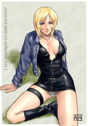  aya_brea azasuke blonde_hair breasts cleavage female highres large_breasts leather non-web_source open_clothes open_shirt panties pantyshot parasite_eve parasite_eve_ii shirt solo thigh_strap underwear white_panties 