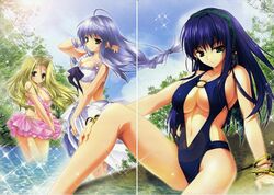  3girls bikini blonde_hair blue_eyes blue_hair braid breasts crease day green_eyes hrist_valkyrie kamishiro_midorimaru large_breasts lenneth_valkyrie long_hair low-braided_long_hair low-tied_long_hair multiple_girls scan silmeria_valkyrie swimsuit valkyrie_profile_(series) valkyrie_profile_2:_silmeria water 