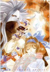  1990s_(style) 1boy 2girls angel_flavor artbook bow chains copyright_name crystal gloves hairband hairbow highres instrument knife multiple_girls murasaki_nakoruru nakoruru nanase_aoi ocarina rera retro_artstyle samurai_spirits 