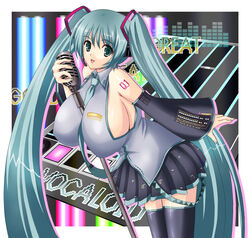  aqua_eyes aqua_hair aqua_nails armpits bare_shoulders between_breasts breasts detached_sleeves female hatsune_miku huge_breasts leaning_forward long_hair microphone microphone_stand nail_polish nanakorobi_yaoki pixels sideboob skirt smile solo tattoo thighhighs twintails very_long_hair vocaloid zettai_ryouiki 