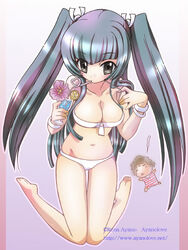  artist_name ayano_rena barefoot bikini blush bracelet breasts cleavage collarbone cup drinking drinking_glass drinking_straw female flower food fruit gundam gundam_00 heart jewelry large_breasts lemon lemon_slice long_hair navel solo swimsuit thigh_gap twintails wang_liu_mei watermark web_address white_bikini 