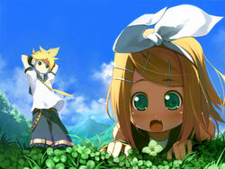  1boy arms_behind_head blonde_hair blush brother_and_sister chinchickrin clover commentary_request day female four-leaf_clover green_eyes hair_ornament hairclip kagamine_len kagamine_rin lolicon oerba_yun_fang open_mouth partial_commentary photoshop_(medium) short_hair siblings sky tree twins vocaloid 