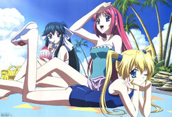  3girls :d arm_up artist_request bare_legs beach bikini blonde_hair blue_eyes cloud da_capo da_capo_i day feet food foot_up green_hair hair_ornament head_rest highres leg_up legs lying magazine_scan megami_magazine mizukoshi_moe multiple_girls official_art on_stomach one-piece_swimsuit one_eye_closed outdoors palm_tree ponytail purple_eyes red_hair sandals scan school_swimsuit shading_eyes shaved_ice shirakawa_kotori sidelocks sitting sky smile swimsuit toes tree twintails x_hair_ornament yoshino_sakura 