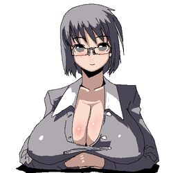  blush breast_rest breasts chiisan cleavage female glasses grey_eyes grey_hair huge_breasts jaggy_lines lowres oekaki office_lady original solo 