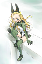  :d ahoge animal_ears arm_support blonde_hair blue_eyes blush boots breasts cloud crack elise_von_dietrich fake_animal_ears female from_above from_side full_body gloves green_footwear green_gloves green_thighhighs hairband hand_on_own_knee headgear knee_up leotard long_hair looking_at_viewer motion_slit open_mouth outdoors photoshop_(medium) pilot_suit satou_atsuki sitting sky sky_girls small_breasts smile solo thigh_boots thighhighs turtleneck v-shaped_eyebrows white_leotard 