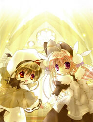  2girls :d ahoge angel angel_wings bat_wings brown_hair church demon dress earrings from_behind hair_ornament hat highres jewelry koge_donbo long_hair looking_at_viewer looking_back misha_(pita_ten) multiple_girls official_art open_mouth pink_hair pita_ten purple_eyes rabbit_hair_ornament red_eyes scan shia_(pita_ten) smile white_wings wings 