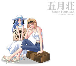  2girls arcueid_brunestud arm_support artist_name blonde_hair blue_hair dress eyewear_on_head hat len_(tsukihime) long_hair melty_blood multiple_girls pointy_ears red_eyes short_hair sitting sundress sunglasses toshibou_(satsukisou) tsukihime white_dress 