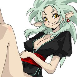  breasts chiisan cleavage earrings female grey_hair jaggy_lines jewelry large_breasts lowres oekaki ryouko_(tenchi_muyou!) solo spiked_hair tenchi_muyou! yellow_eyes 