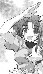  2girls greyscale hands higurashi_no_naku_koro_ni monochrome multiple_girls ryuuguu_rena sonozaki_mion upper_body yamaguchi_homupe 