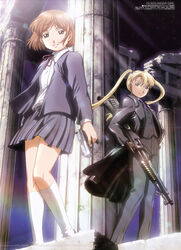  2girls absurdres blonde_hair bob_cut brown_hair coat column formal gloves gun gunslinger_girl handgun henrietta_(gunslinger_girl) highres ishii_kumi kneehighs left-handed megami_magazine multiple_girls official_art pant_suit pants photoshop_(medium) pillar pump_action scan shotgun sig_sauer sig_sauer_p239 skirt socks suit sunlight triela twintails weapon white_legwear winchester_model_1897 