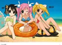  3girls animal_ears beach bikini black_hair blonde_hair blue_eyes breasts brown_eyes cleavage hair_ornament hair_ribbon highres innertube kneeling medium_breasts megami_magazine megami_magazine_deluxe misha_(pita_ten) multiple_girls official_art one_eye_closed open_mouth pink_eyes pink_hair pita_ten rabbit rabbit_hair_ornament ribbon sakai_kyuuta scan shia_(pita_ten) short_hair sitting small_breasts strap_slip swim_ring swimsuit twintails uematsu_koboshi 