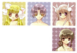  1boy 3girls animal_ears bare_shoulders blonde_hair blunt_bangs bow brown_eyes brown_hair cat_ears green_eyes hair_ornament hairbow higuchi_kotarou koge_donbo misha_(pita_ten) multiple_girls official_art parted_bangs pink_hair pita_ten purple_eyes purple_hair rabbit_hair_ornament shia_(pita_ten) uematsu_koboshi 