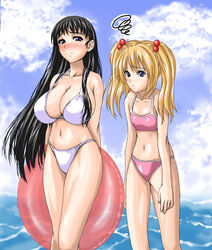  2girls beach bikini black_hair blonde_hair blue_eyes blush breast_envy breasts cleavage day flat_chest hair_bobbles hair_ornament huge_breasts innertube long_hair looking_at_breasts multiple_girls nanakorobi_yaoki ocean original outdoors swim_ring swimsuit twintails water 