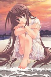  bare_legs barefoot beach brown_eyes brown_hair cloud convenient_leg dress ever_17 female komachi_tsugumi long_hair solo sunset takigawa_yuu 