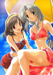  2girls artist_request beach_umbrella bikini braid brown_hair day futami_shion hair_ribbon headband imasaka_yue lens_flare long_hair memories_off memories_off_1 multiple_girls red_eyes red_sarong ribbon sarong short_hair sitting swimsuit umbrella white_hair yellow_eyes 