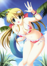  beach bent_over bikini blonde_hair blue_eyes bow bracelet breasts cleavage cloud day female frilled_bikini frills hatano_konami highres imageboard_desourced innertube jewelry large_breasts light_rays long_hair matsushita_makako navel non-web_source outdoors palm_tree rakko_(makarakko) side-tie_bikini_bottom sky solo sun sunbeam sunlight swim_ring swimsuit tree underbar_summer very_long_hair waving 