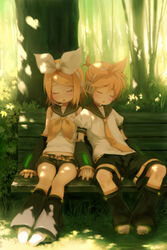  1boy bench blonde_hair brother_and_sister chinchickrin closed_eyes commentary_request dappled_sunlight detached_sleeves female forest hair_ornament hair_ribbon hairclip headset holding_hands interlocked_fingers kagamine_len kagamine_rin leg_warmers nature necktie photoshop_(medium) ribbon school_uniform serafuku short_hair shorts siblings sitting sleeping sleeping_upright sunlight twins vocaloid yellow_necktie 