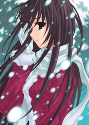  adjusting_hair black_eyes black_hair coat ever_17 female fur-trimmed_jacket fur-trimmed_sleeves fur_trim gloves jacket komachi_tsugumi long_hair official_art outdoors profile scarf smile snow snowing solo takigawa_yuu very_long_hair white_gloves white_scarf wind 