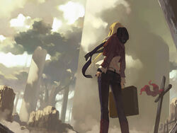  bad_id bad_pixiv_id blonde_hair cloud copyright_request cowboy_hat cowboy_western cross denim female forest from_behind from_below fuchida_kazuhiro hat jeans latin_cross long_hair nature pants photoshop_(medium) scenery solo standing suitcase tree 