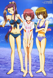  3girls absurdres adjusting_hair aqua_eyes asai_mugi barefoot beach belt bikini bikini_under_clothes blue_bikini blue_eyes blush braid breasts bridge brown_hair cleavage cloud collarbone covering_crotch covering_privates crossed_arms day duplicate embarrassed expressionless flat_chest footprints front-tie_bikini_top front-tie_top frown full_body hair_between_eyes hair_ornament hair_ribbon hairclip hand_on_own_hip head_tilt high_ponytail highres hitohira holding ichinose_nono large_breasts legs light_smile long_hair looking_at_viewer medium_breasts megami_magazine multiple_girls navel nishida_risaki non-web_source ocean official_art orange_bikini outdoors photoshop_(medium) pink_hair pixel-perfect_duplicate ponytail purple_hair raised_eyebrows red_eyes ribbon scan see-through shirt shirt_tug short_hair short_sleeves side-tie_bikini_bottom sidelocks sky small_breasts smile sparkle standing studded_belt swimsuit t-shirt twin_braids v v_arms very_long_hair watanabe_masanori water wet wet_clothes wet_hair wet_shirt 