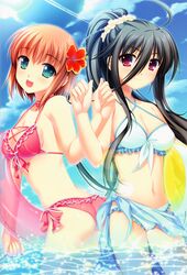  2girls :d absurdres alpha_(yukai_na_nakamatachi) ass ball beachball bikini black_hair blue_sarong breasts brown_hair cleavage day flower frilled_bikini frills front-tie_top g-senjou_no_maou green_eyes hair_between_eyes hair_flower hair_ornament hibiscus highres innertube kusaka_aina long_hair looking_at_viewer looking_back medium_breasts multiple_girls navel ocean open_mouth pink_bikini ponytail red_eyes sarong scan short_hair side-tie_bikini_bottom sky smile swim_ring swimsuit usami_haru very_long_hair w.l.o_sekai_ren&#039;ai_kikou wading water white_bikini 