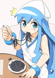  ^^^ bad_id bad_pixiv_id black_spaghetti blue_eyes blue_hair bracelet dress eating female food fork ikamusume ink jewelry pasta shinryaku!_ikamusume solo spaghetti supershiruco 