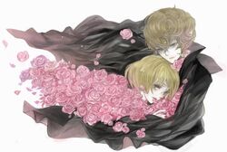  2boys allan_twilight androgynous blonde_hair bob_cut brown_hair cape commentary_request curly_hair edgar_portsnell flower gurunyanya hair_between_eyes mouth_hold multiple_boys petals pink_flower pink_rose poe_no_ichizoku rose rose_petals short_hair white_background 